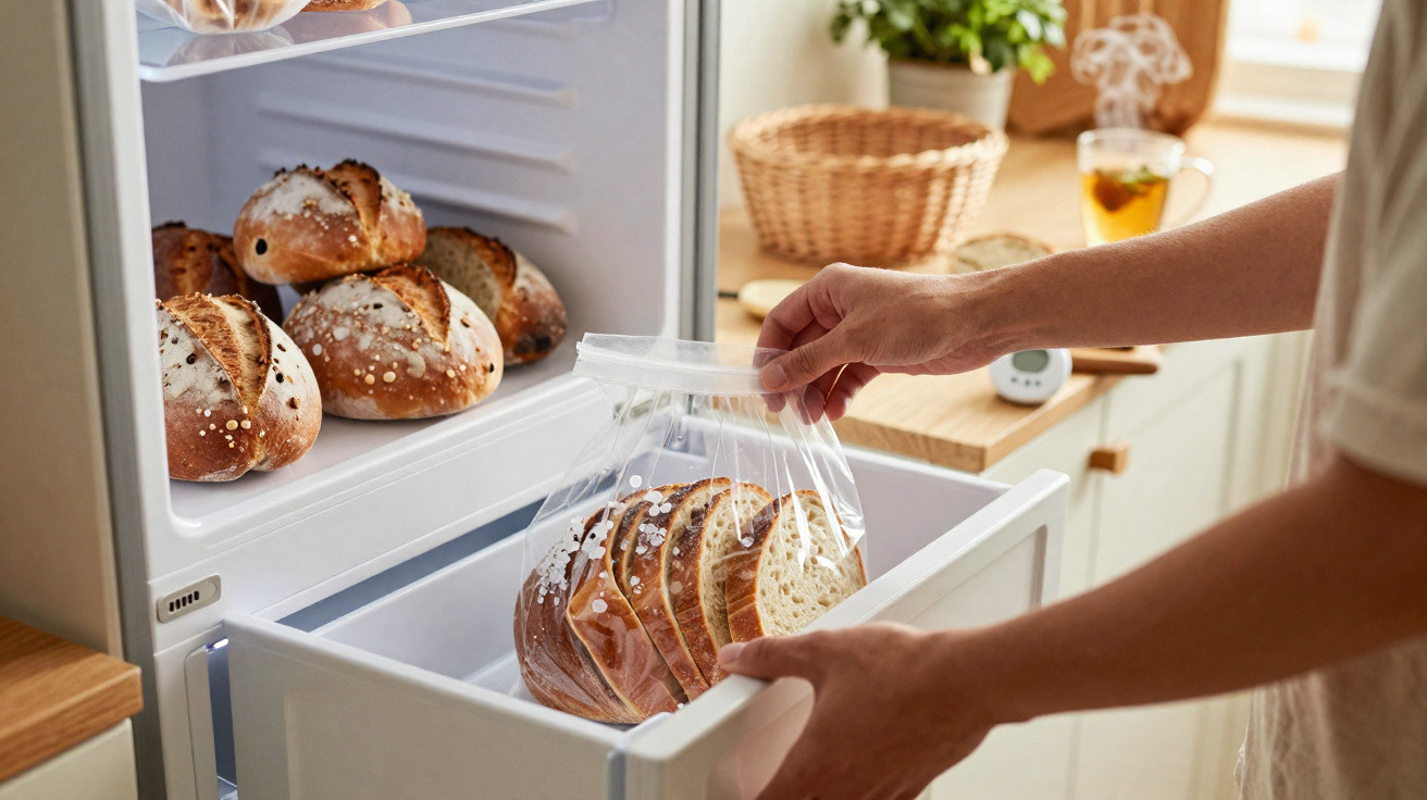 Pessoa coloca pão fatiado numa bolsa dentro do congelador de uma cozinha iluminada.