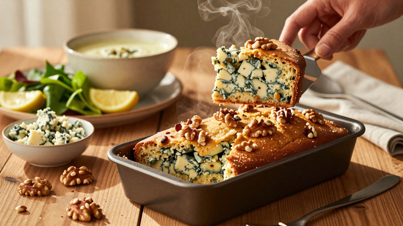 Bolo salgado com queijo azul e nozes, com fatia a ser servida em tabuleiro metálico fumegante.