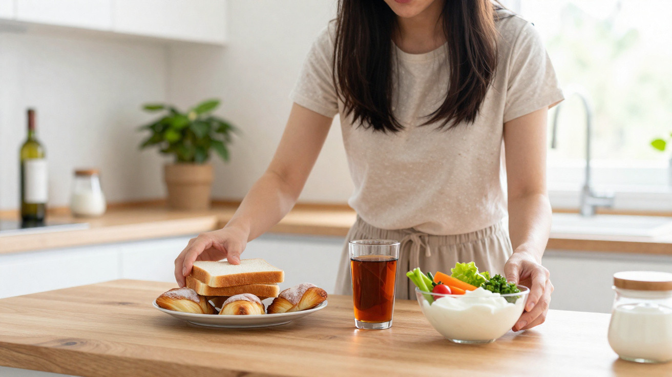 Pessoa a preparar uma refeição com pão, croissants, legumes e um copo de chá numa cozinha iluminada.