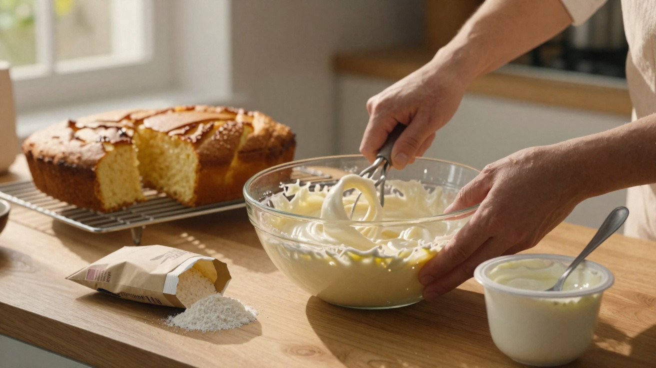 Mãos a misturar creme numa taça com bolo caseiro e farinha numa cozinha iluminada.
