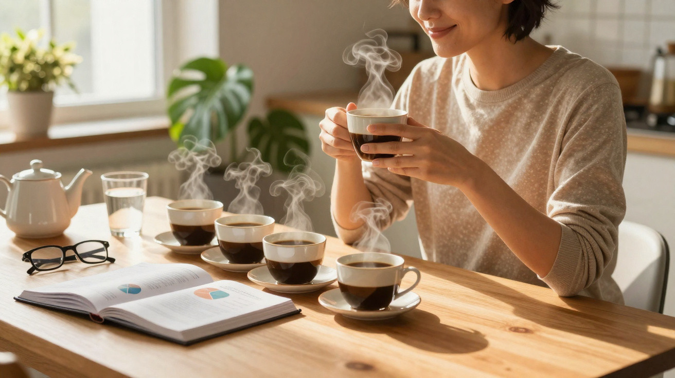 Mulher a sorrir segurando chávena de café fumegante em mesa com quatro chávenas, livro aberto e óculos.