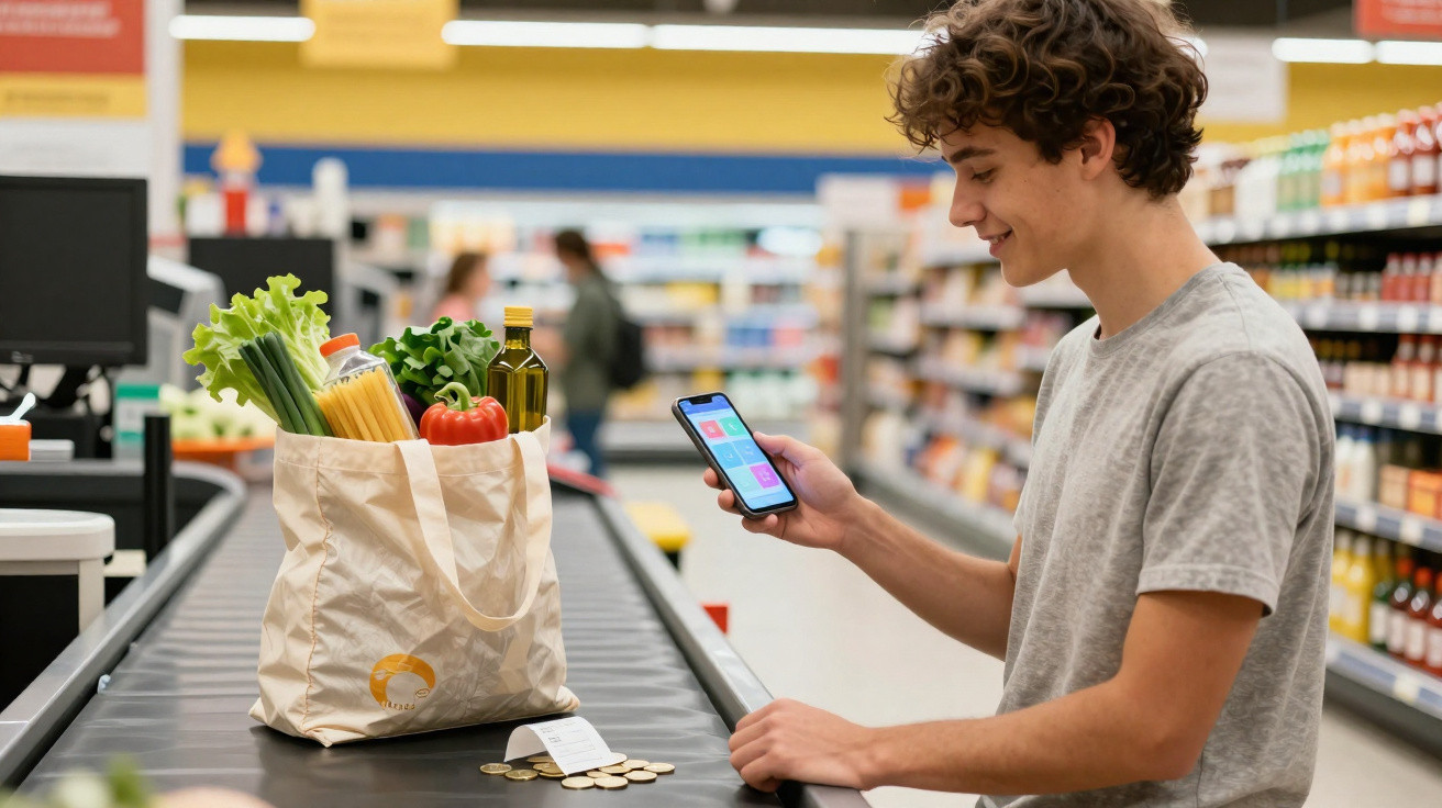 Jovem com smartphone faz pagamento em supermercado com saco de compras numa esteira.
