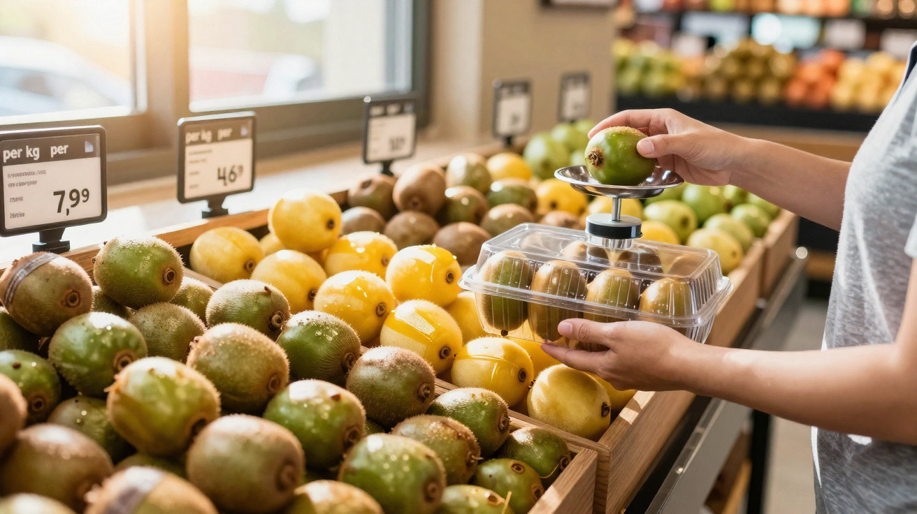 Pessoa a pesar kiwi numa balança numa secção de frutas num supermercado.