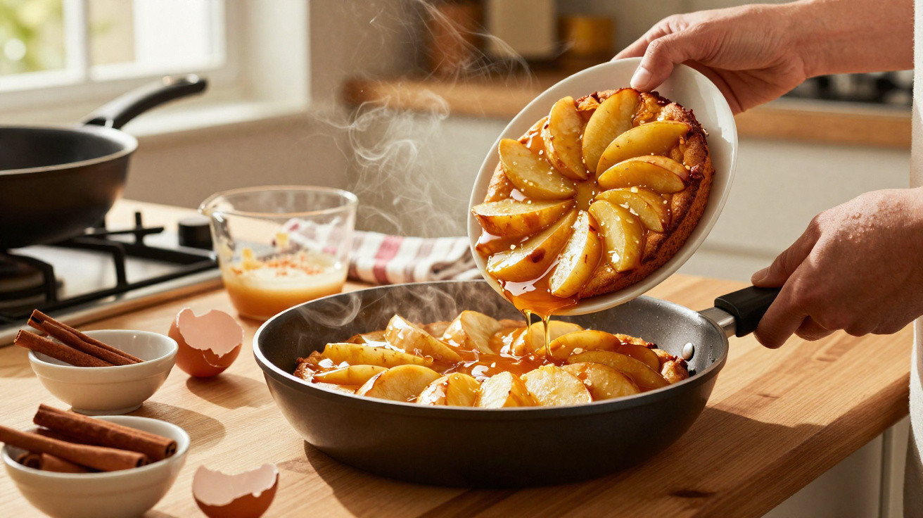 Mãos a colocar uma tarte de maçã num tacho com calda quente numa cozinha com ingredientes à volta.