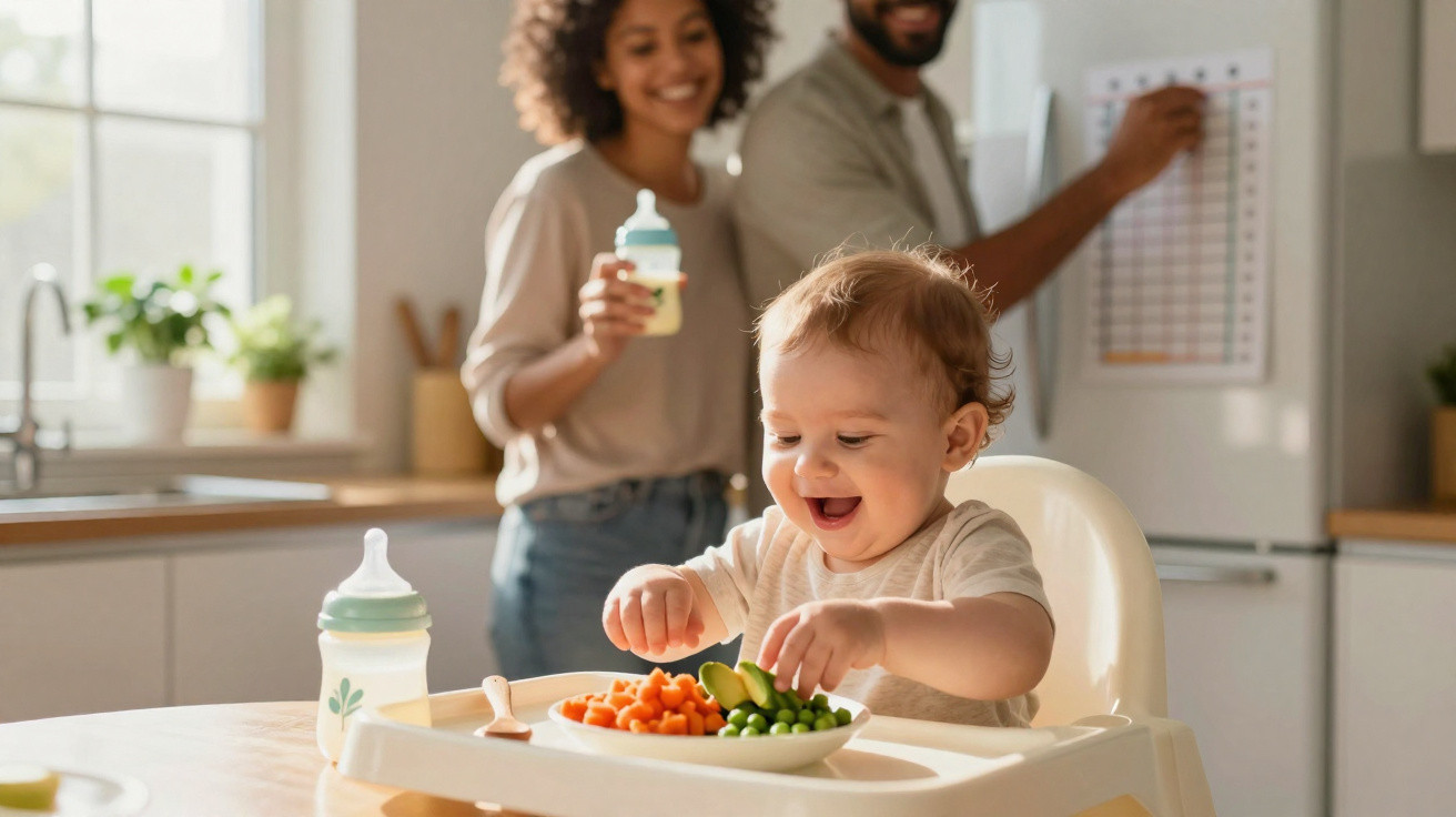 Bebé sorridente sentado numa cadeira alta, com prato de legumes, enquanto pais sorriem ao fundo na cozinha.