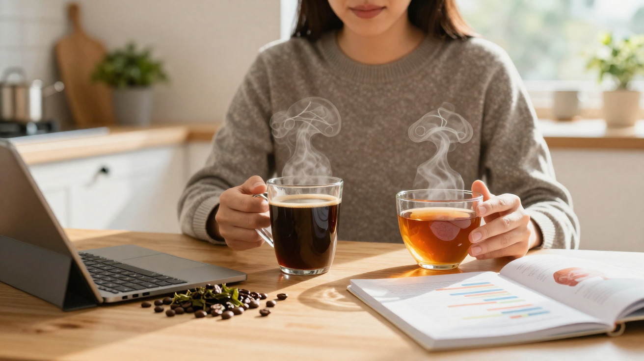 Mulher sentada à mesa com chá e café quente, laptop aberto, grãos de café e livro de gráficos.