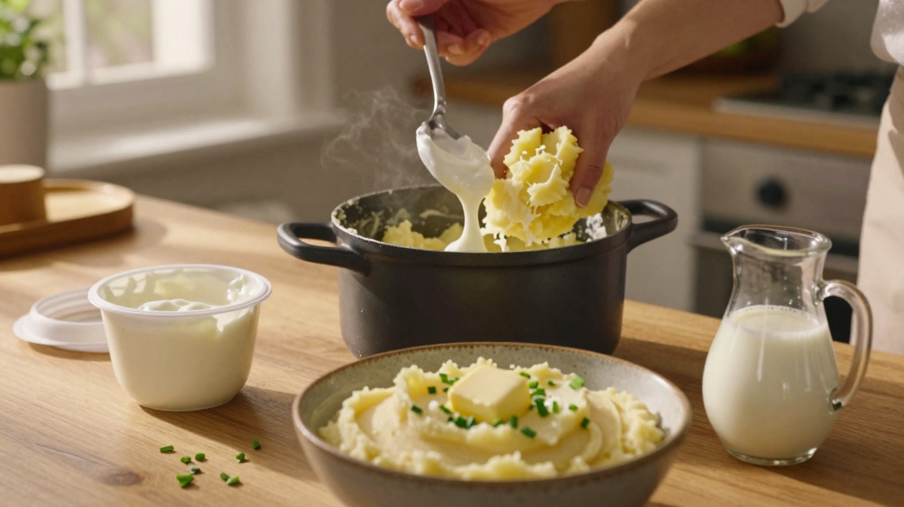 Pessoa a preparar puré de batata com manteiga, natas e leite numa cozinha iluminada.