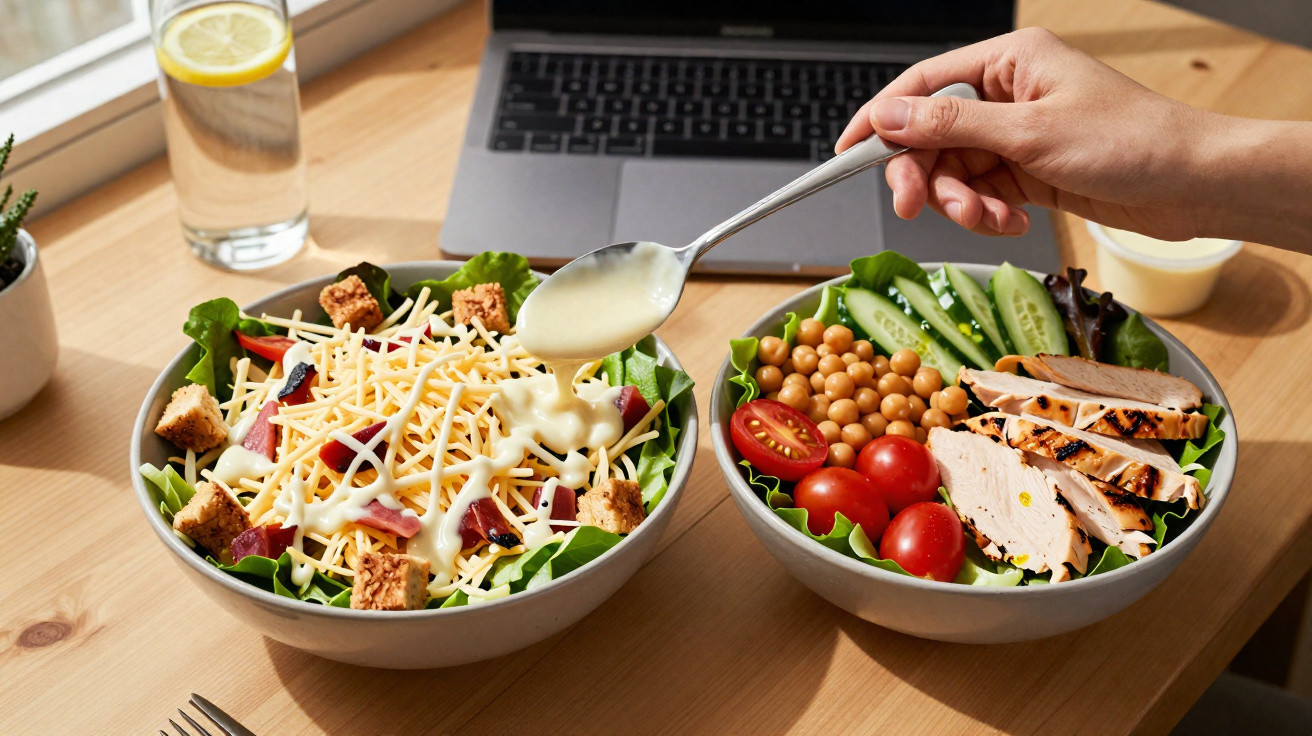 Duas taças com saladas variadas, uma com molho a ser despejado, num ambiente de trabalho com portátil e copo de água.