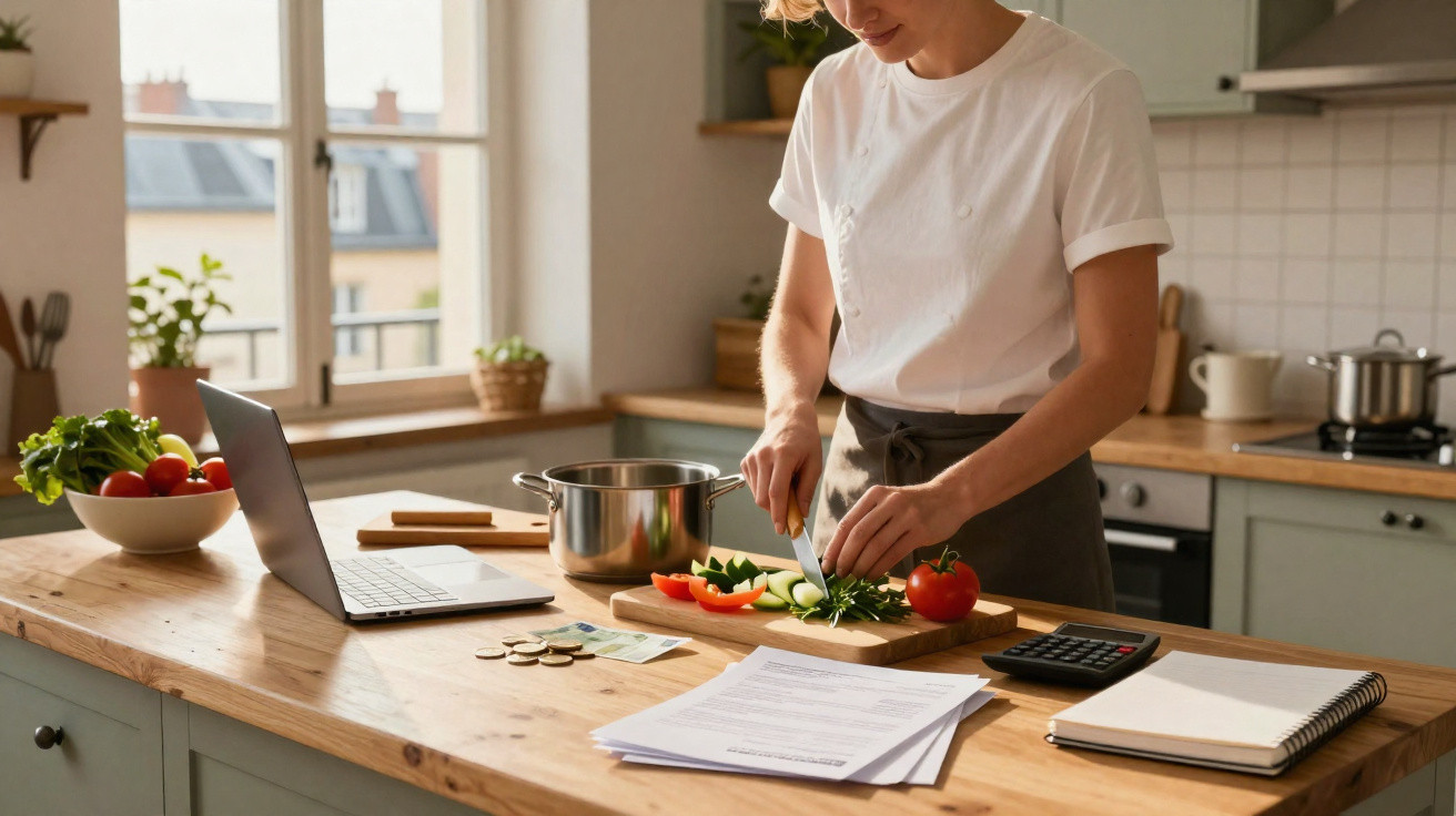 Pessoa a cortar legumes numa bancada de cozinha com laptop, documentos e calculadora ao lado.