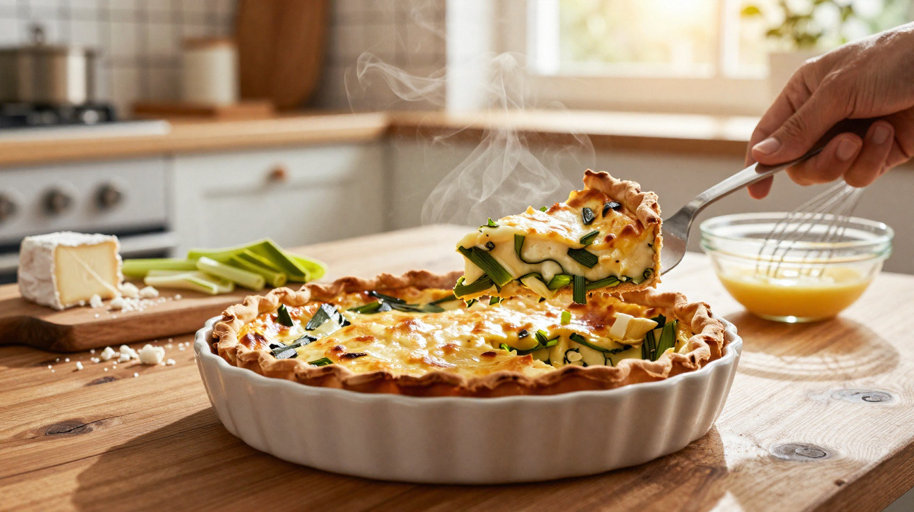 Tarte quente com queijo e legumes a ser servida numa colher de metal numa cozinha iluminada.