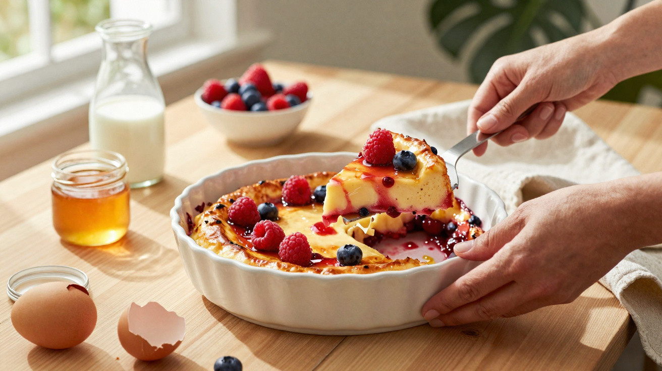Pessoa a servir pudim com frutos vermelhos num prato branco numa mesa de madeira.