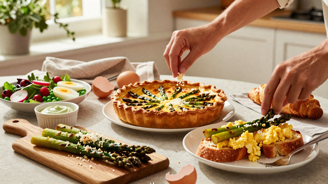 Pessoa a colocar queijo ralado em tosta com ovos mexidos e espargos, com quiche e salada ao fundo.