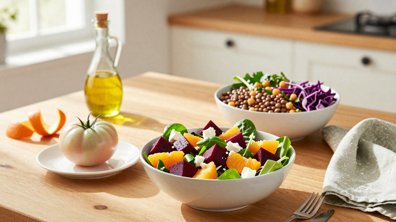 Dois pratos com saladas coloridas, tomate em prato, garrafa de azeite e talheres numa mesa de madeira.