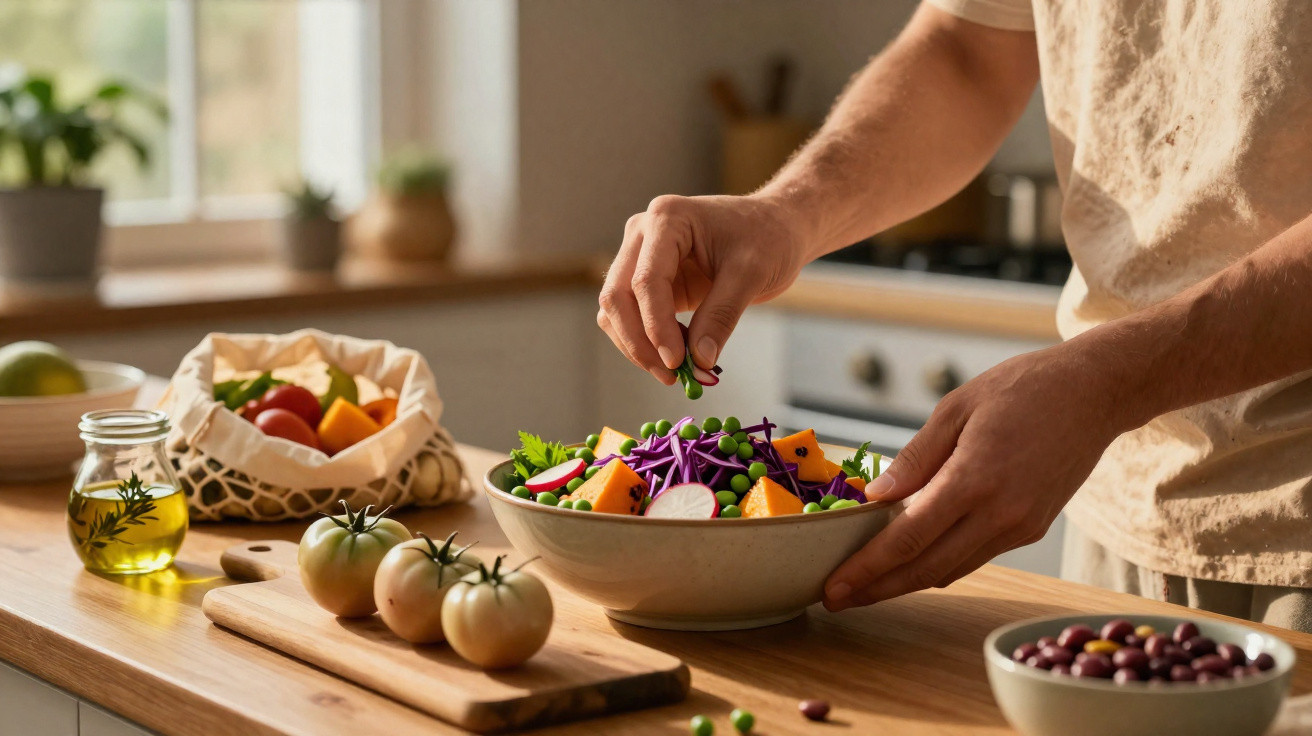 Pessoa a preparar salada com legumes frescos numa cozinha iluminada pela luz natural.