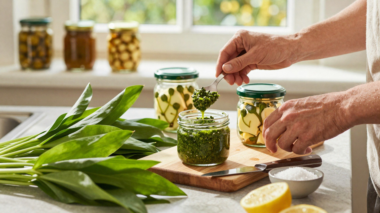 Mãos a colher pesto verde de um frasco, com folhas verdes, limão e frascos com conservas numa bancada iluminada.