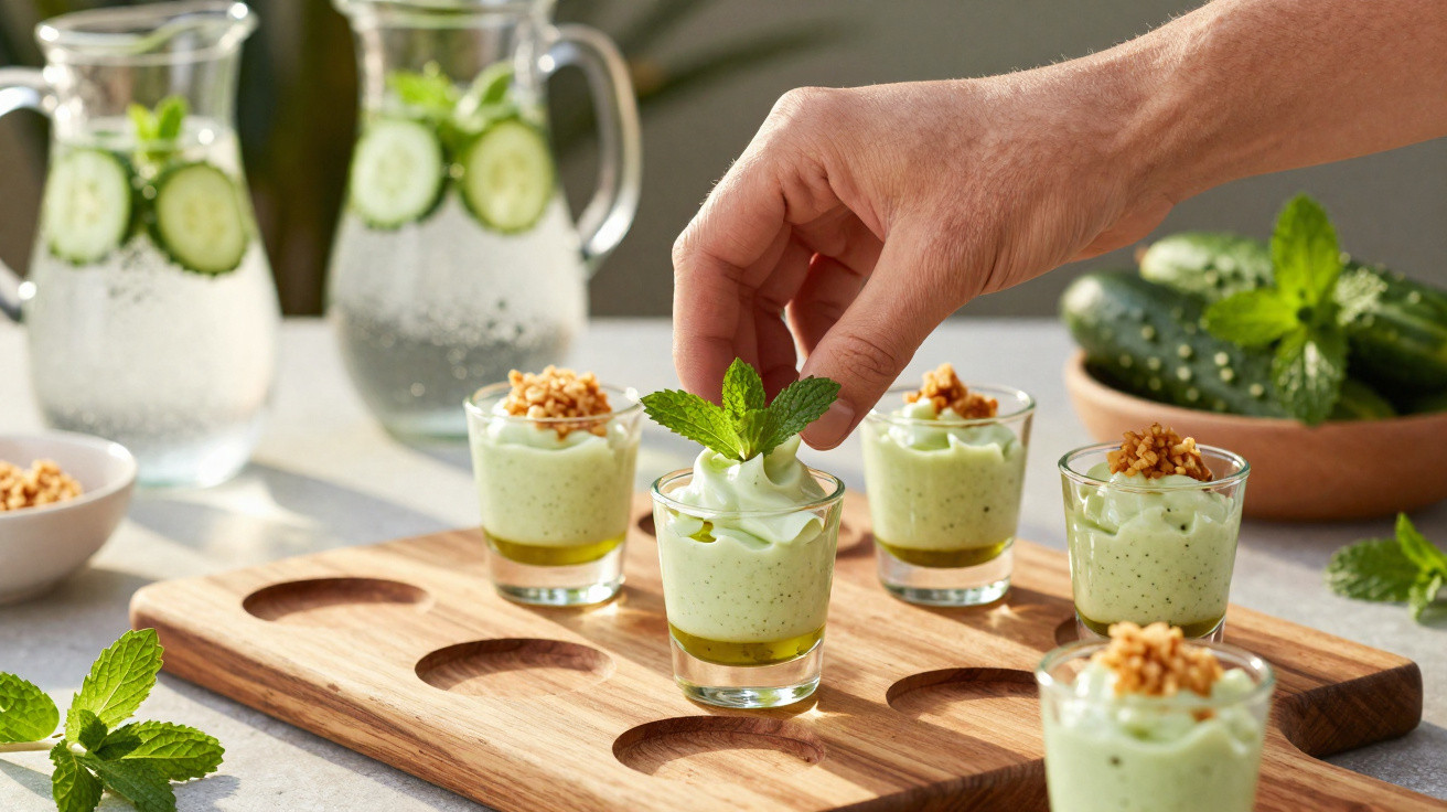 Mão a decorar copos de mousse verde com folhas de hortelã num tabuleiro de madeira, ao lado de pepinos e jarros.