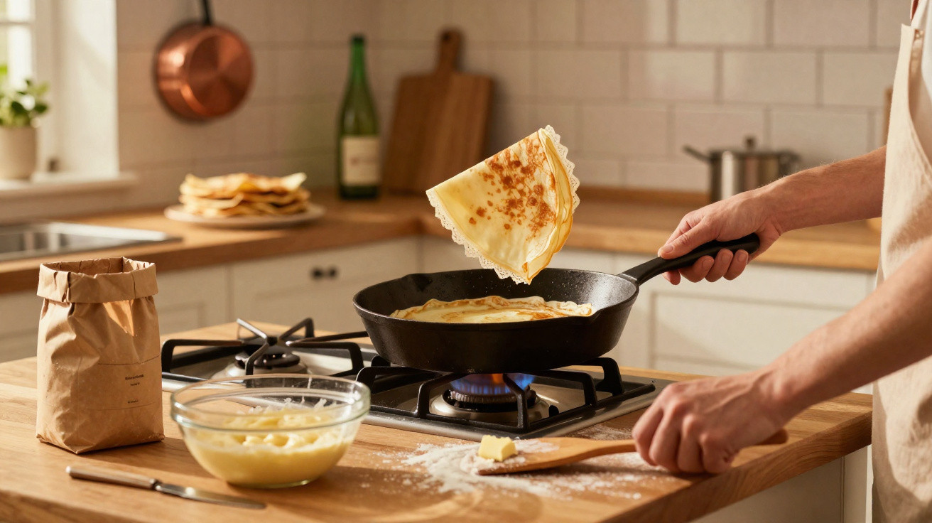 Pessoa a cozinhar crepes numa frigideira sobre o fogão numa cozinha moderna com ingredientes na bancada.