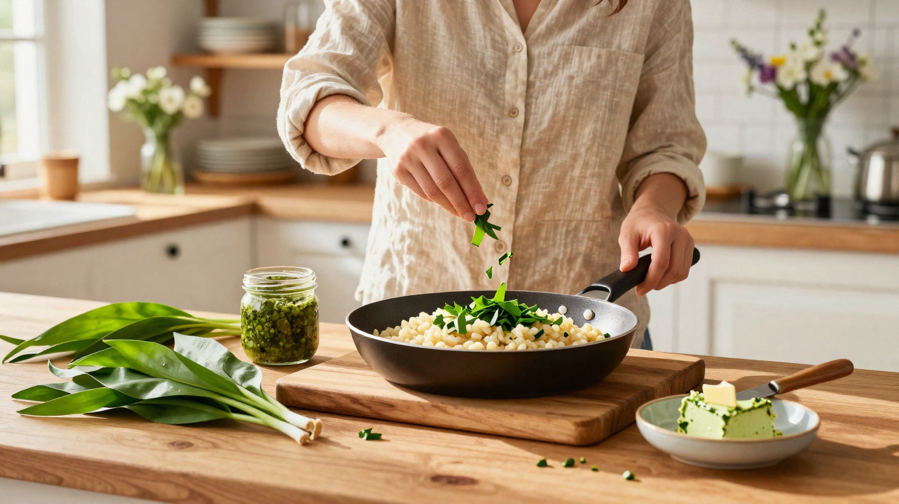 Pessoa a preparar refeição com ervas frescas numa frigideira numa cozinha moderna.