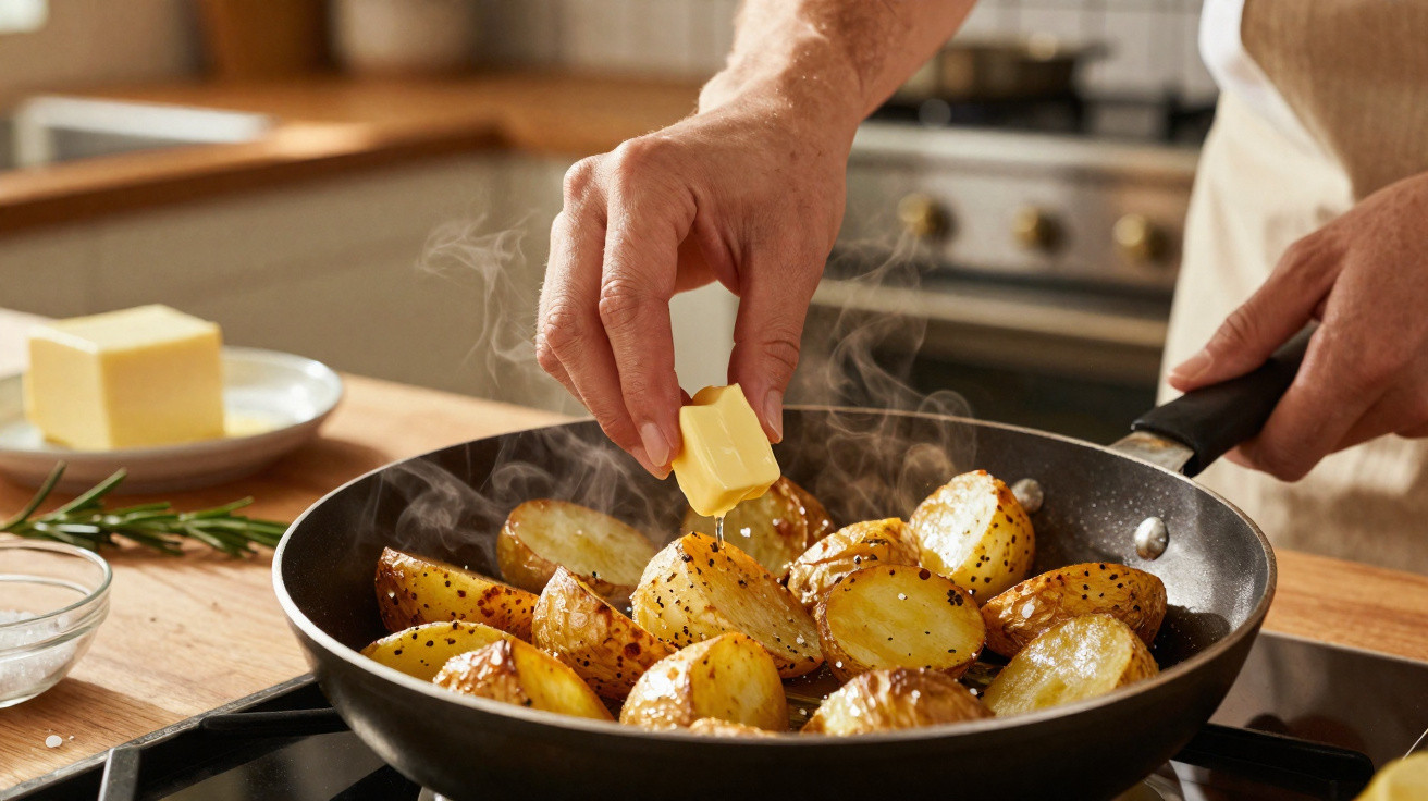 Mãos a colocar manteiga em batatas assadas numa frigideira quente numa cozinha doméstica.