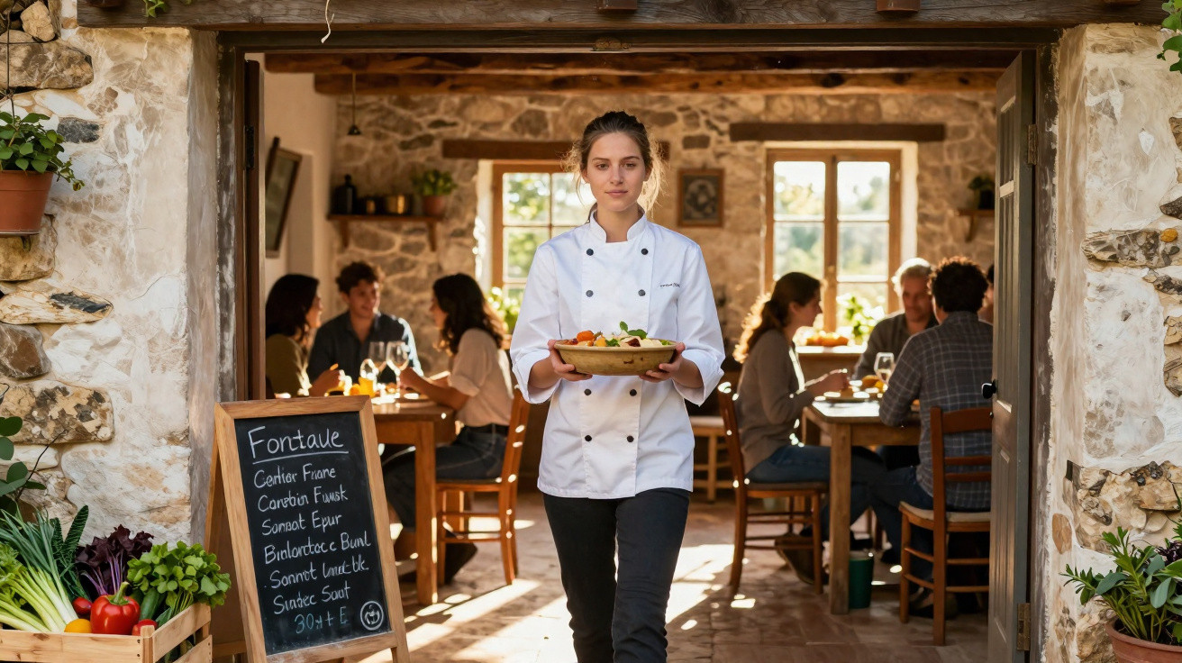 Chef a caminhar com prato na mão numa entrada rústica de restaurante com clientes a jantar ao fundo.