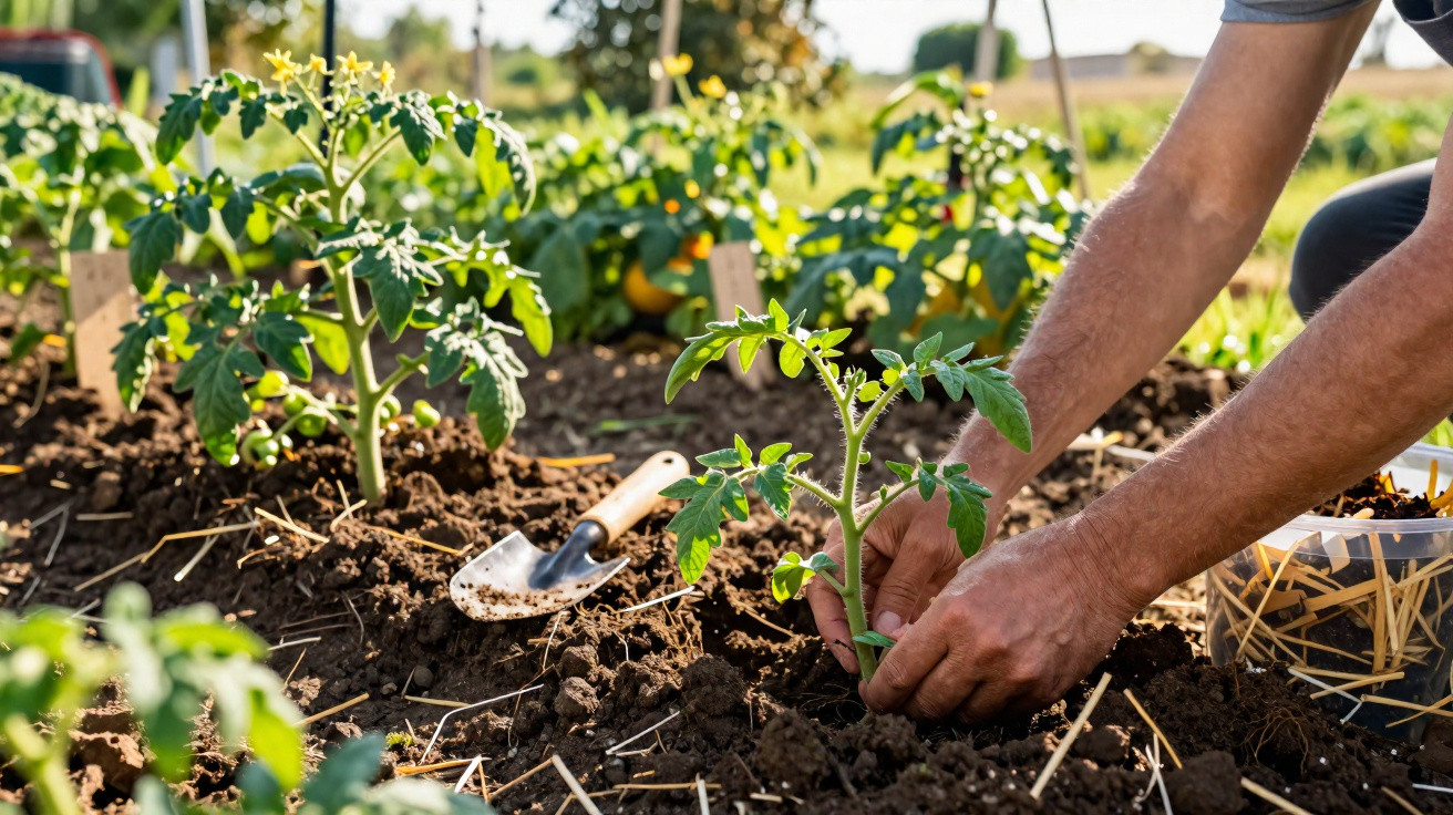 Pessoa a plantar uma muda de tomateiro num canteiro com outras plantas e terra fofa.