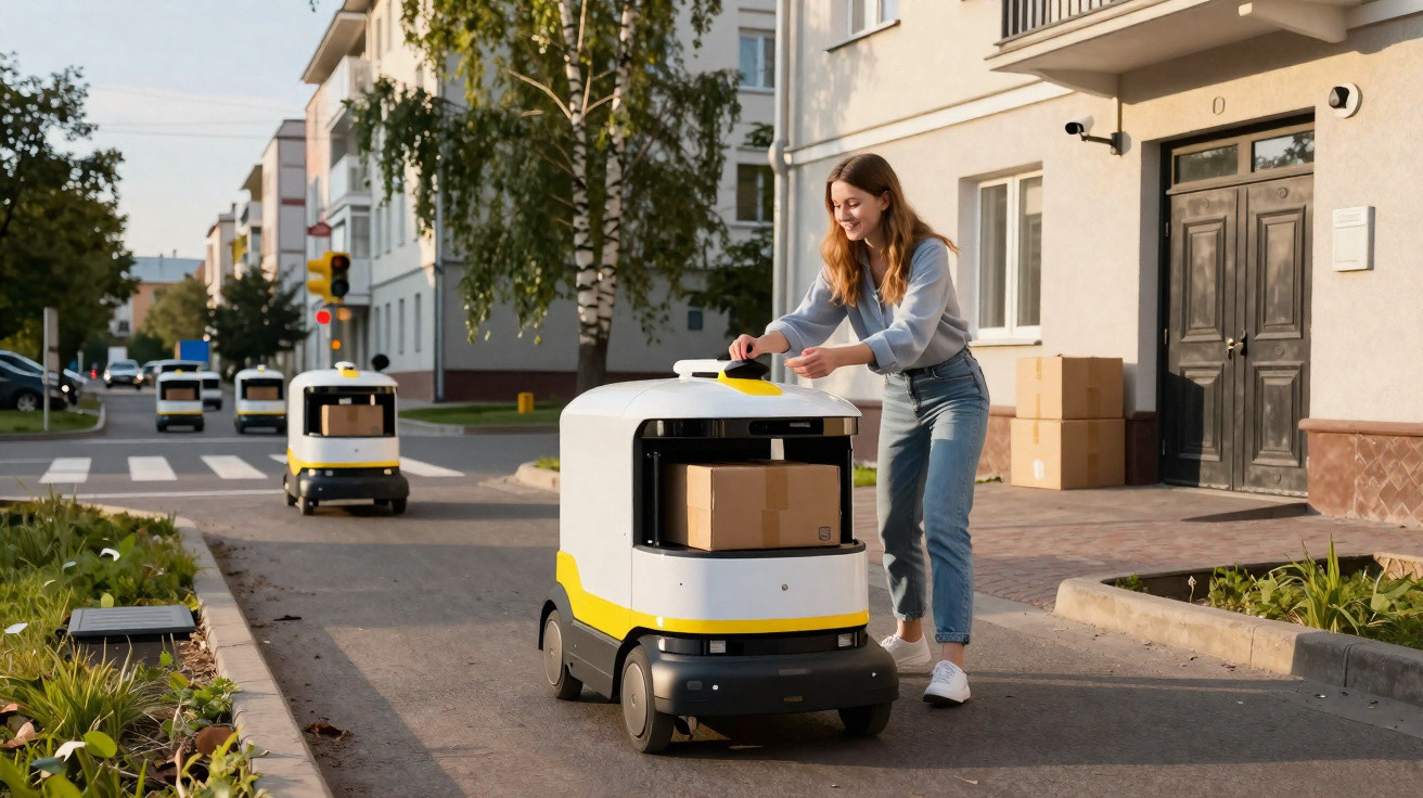 Rapaz interage com robot de entrega autónomo a transportar encomendas numa rua residencial.