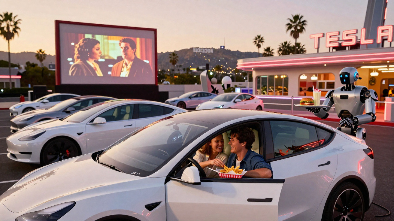 Casal sorridente num Tesla branco a comer batatas fritas num cinema drive-in ao pôr do sol.