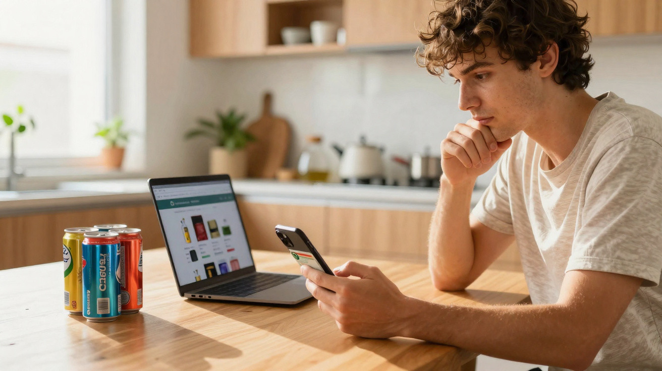 Jovem sentado à mesa com telemóvel na mão e portátil aberto numa cozinha moderna.