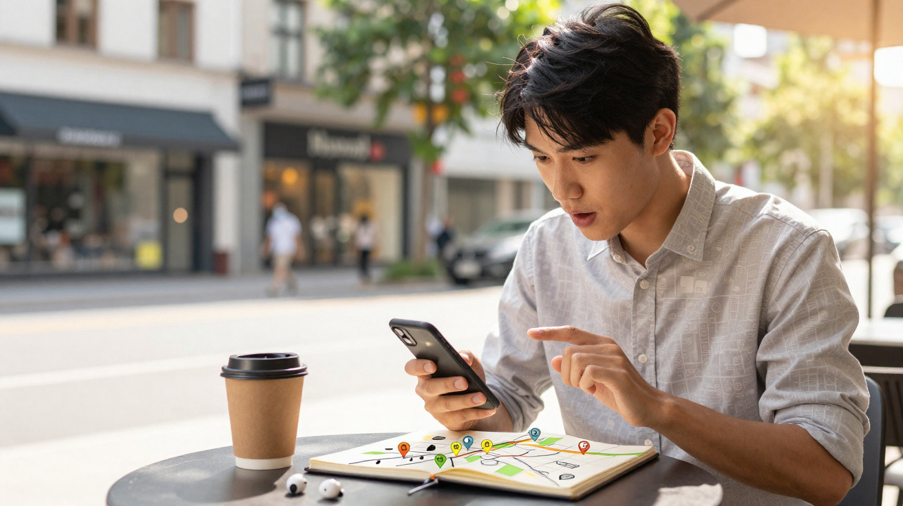 Homem sentado numa esplanada a usar telemóvel com mapa virtual sobreposto numa mesa com café e auscultadores.