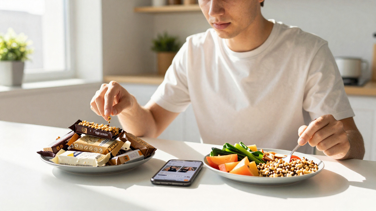 Homem sentado à mesa com prato de fruta e legumes, ao lado de prato com barras de chocolate e telemóvel.