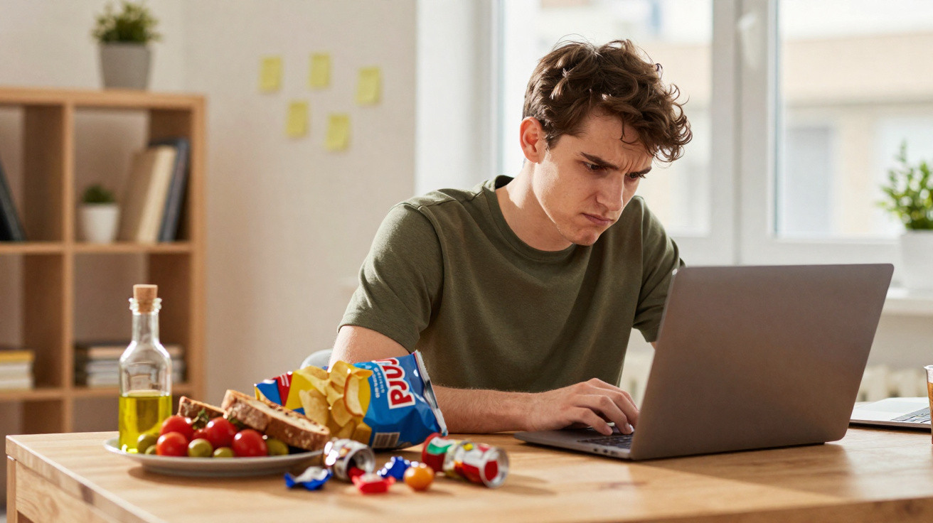 Jovem concentrado a trabalhar no portátil com snacks e bebida sobre a mesa numa sala iluminada.