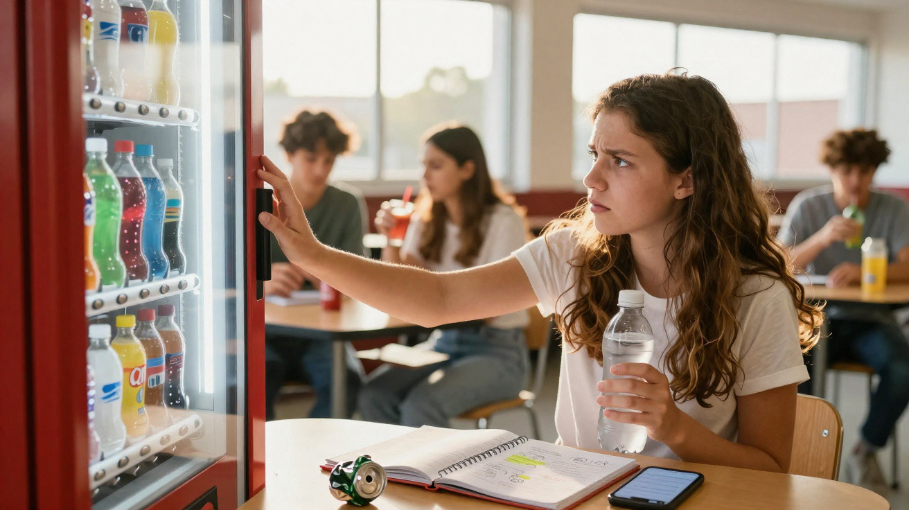 Jovem sentada a estudar, pegando numa bebida numa máquina automática, com outras pessoas ao fundo.