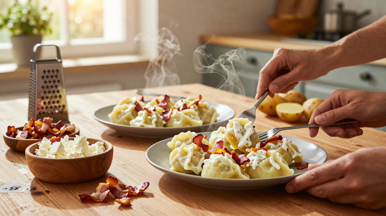 Prato de raviólis com bacon crocante e molho, mãos a servir com garfo numa cozinha iluminada.
