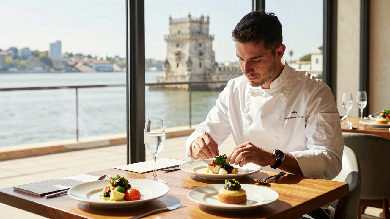 Chef a preparar prato num restaurante com vista para a Torre de Belém e o rio Tejo, Lisboa.
