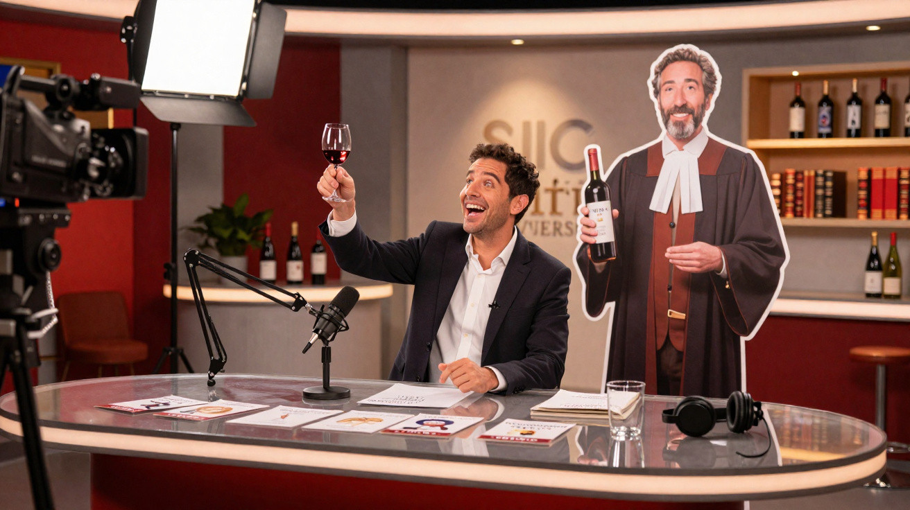Homem num estúdio com copo de vinho tinto, ao lado de figura em cartão de pessoa vestida de juiz segurando garrafa.