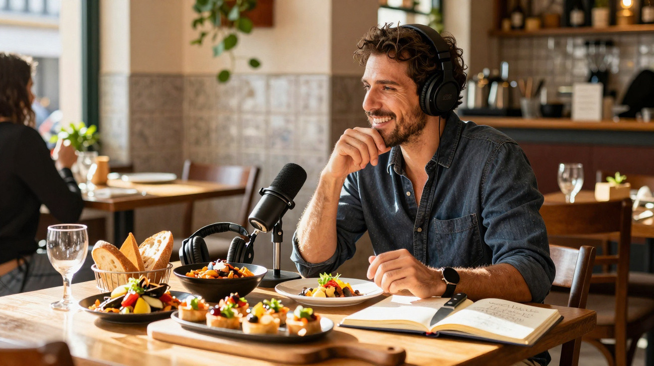 Homem com auscultadores a gravar podcast numa mesa com comida e caderno num restaurante acolhedor.