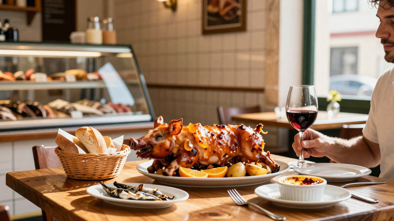 Prato com leitão assado acompanhado de batatas e laranjas, ao lado de cesto de pão e copo de vinho tinto.