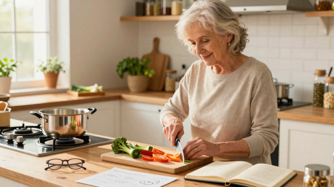 Senhora idosa a cortar legumes numa cozinha moderna e iluminada, com livro aberto e óculos na bancada.