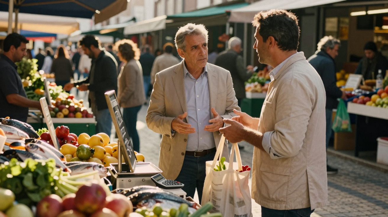 Dois homens conversam num mercado ao ar livre com bancas de frutas e peixe frescos à volta.