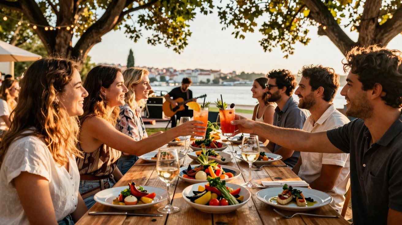 Grupo de amigos a brindar ao ar livre, com comida e bebidas numa mesa junto ao rio ao pôr do sol.