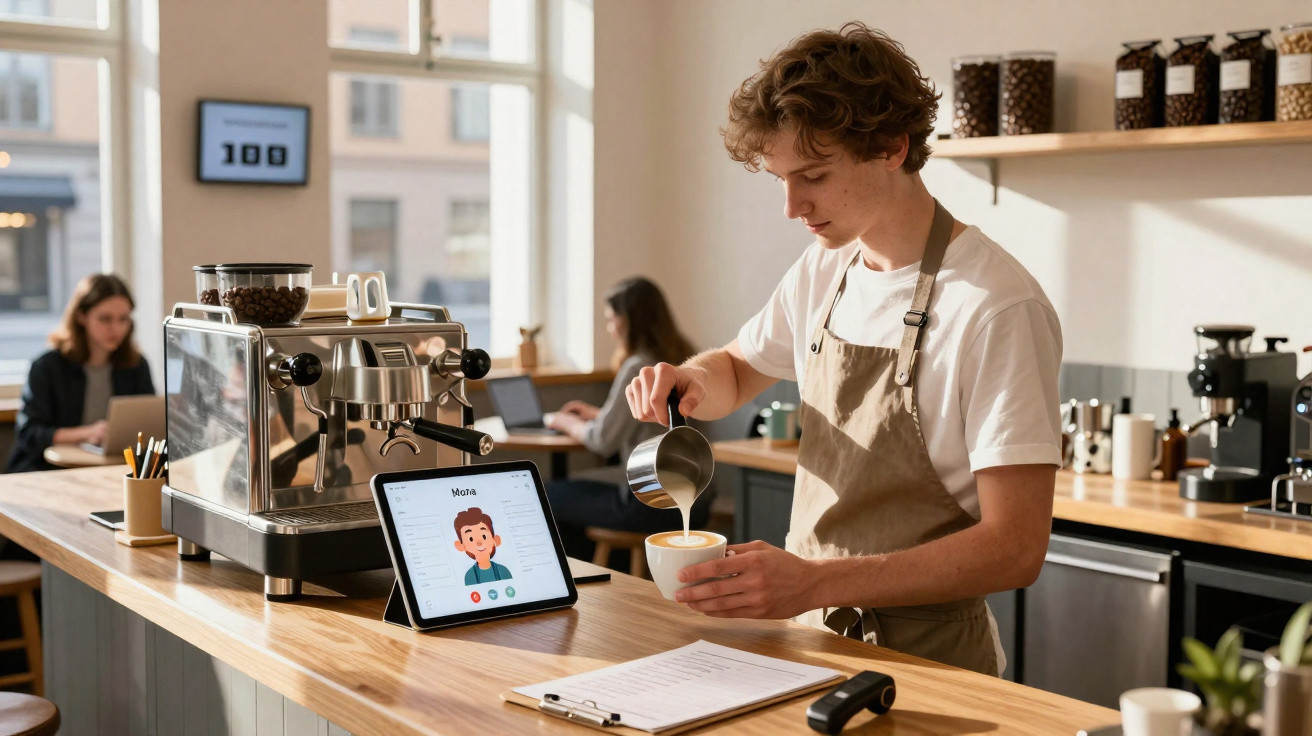 Barista jovem a preparar café com leite numa cafeteria moderna, com clientes ao fundo.