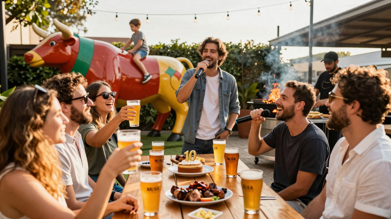 Grupo de amigos a celebrar com bolo e cerveja num churrasco ao ar livre ao fim da tarde.