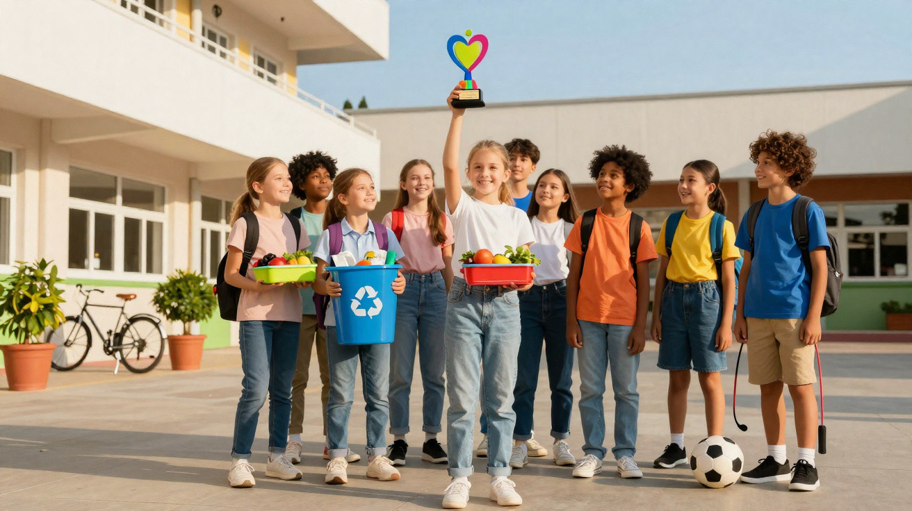 Crianças felizes com material escolar e reciclagem seguram troféu numa escola ao ar livre.