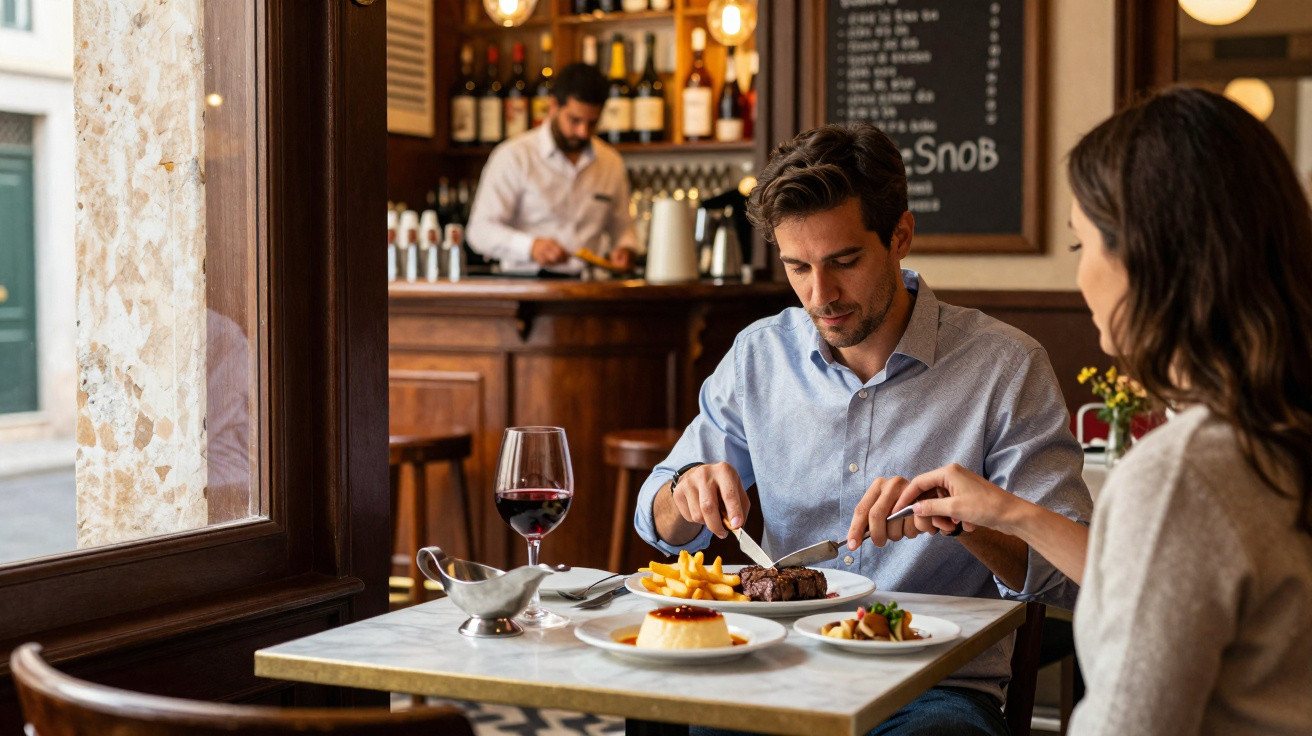 Casal a jantar num restaurante elegante com vinho tinto e pratos variados numa mesa junto à janela.