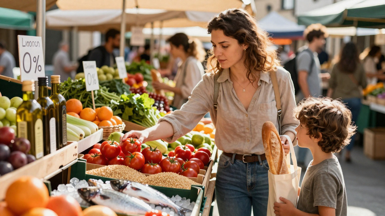 Mulher e menino a escolher legumes num mercado ao ar livre, com legumes frescos e peixe expostos.