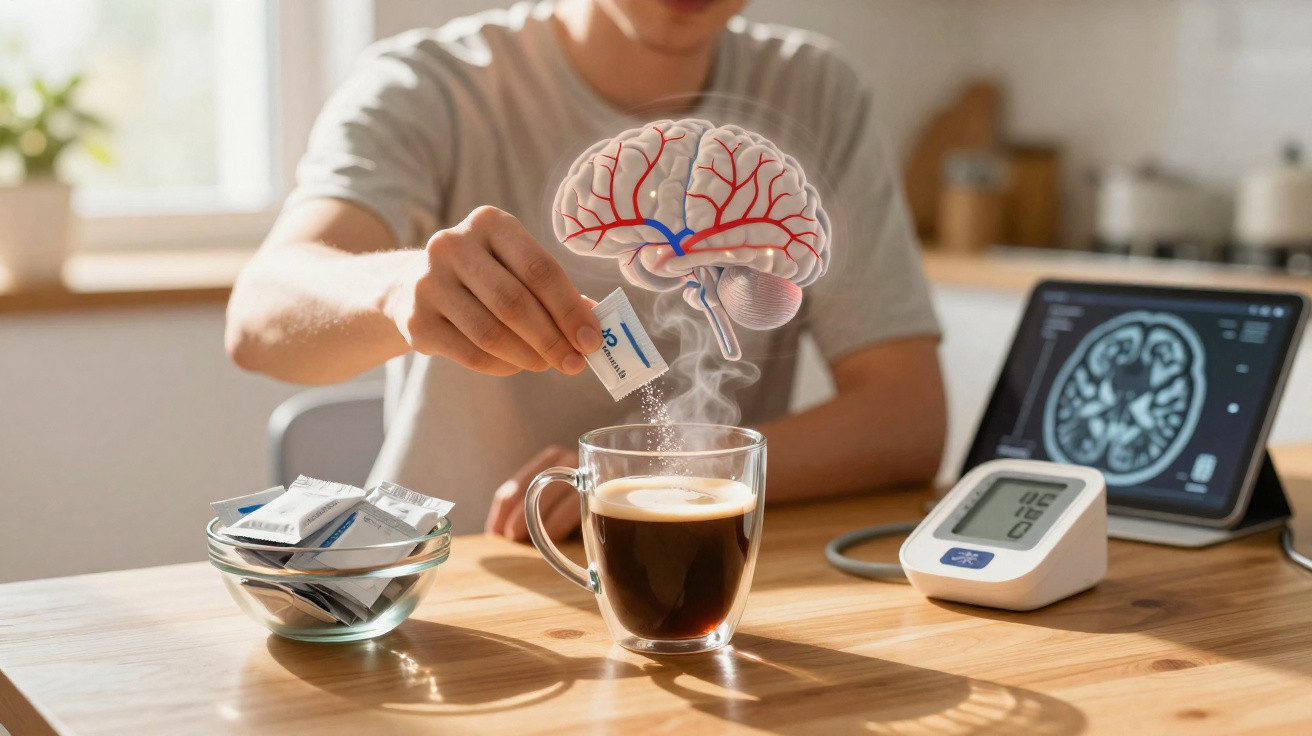 Pessoa a adicionar adoçante num café com imagem digital de cérebro e monitorização de saúde numa tablet.