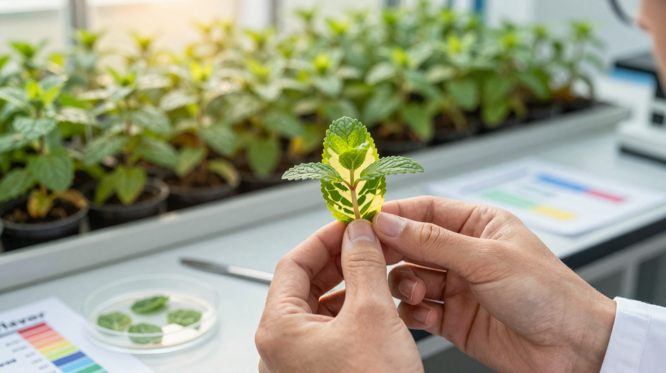 Mãos seguram e analisam folhas de planta num laboratório com plantas e amostras ao fundo.