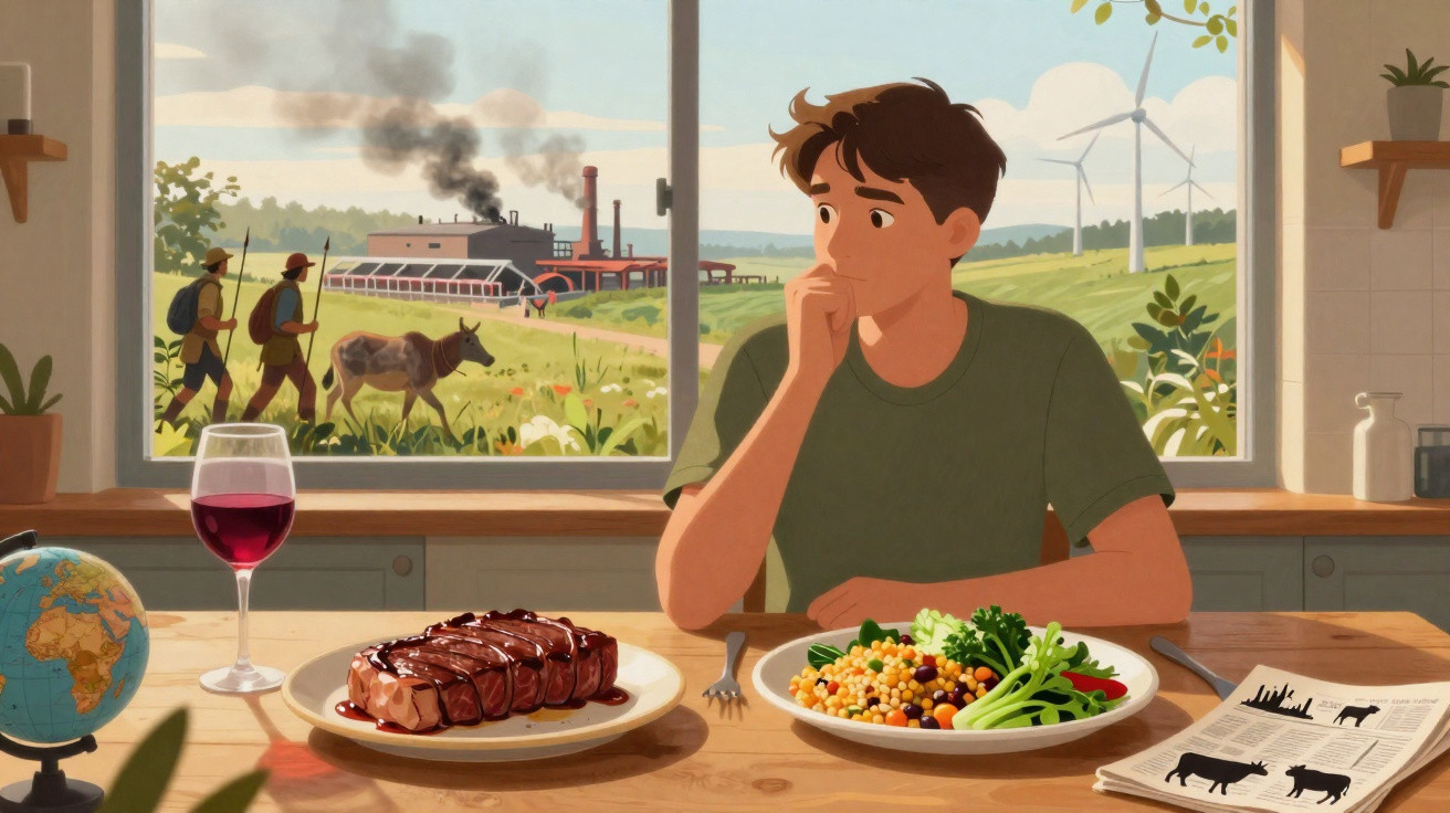 Homem pensativo diante de duas opções de comida, com fábrica poluente e turbinas eólicas ao fundo.