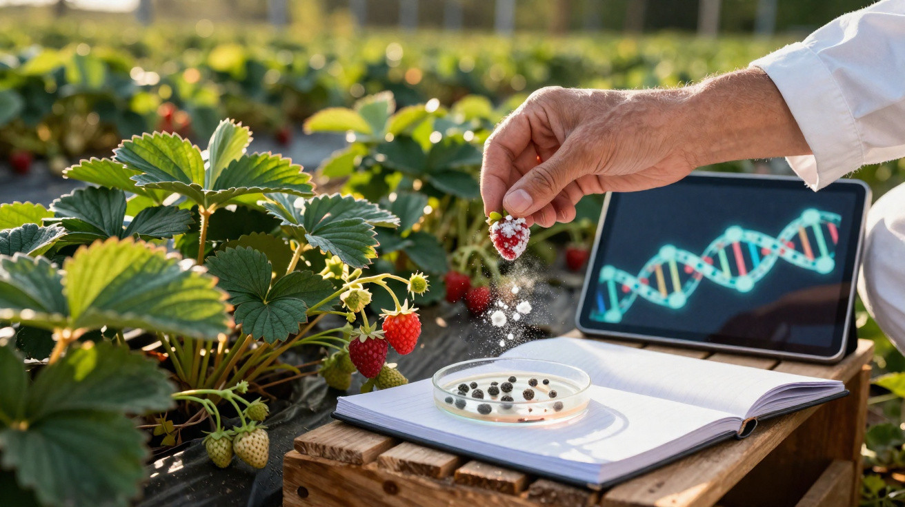 Mão segurando morango com pó branco sobre placa de Petri, plantas de morango e ecrã com DNA ao fundo.
