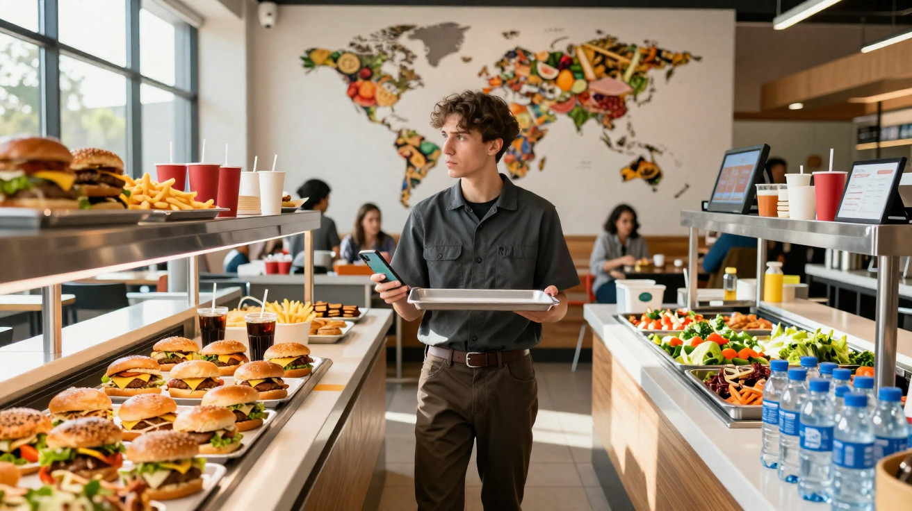 Jovem com bandeja e telemóvel observa opções de hambúrgueres, batatas fritas e saladas num restaurante self-service.